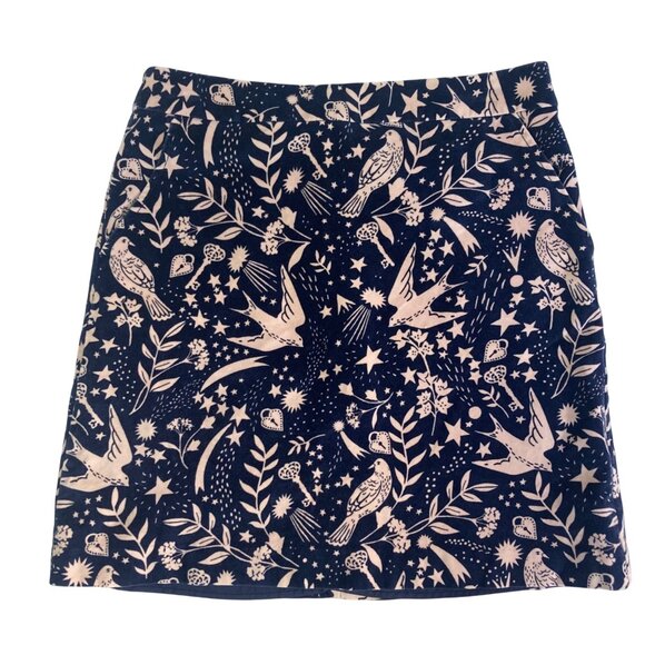 Boden Mimi Velvet Mini Skirt 6 Blue Bird Star Whimsical Print Holiday Festive - Picture 1 of 9